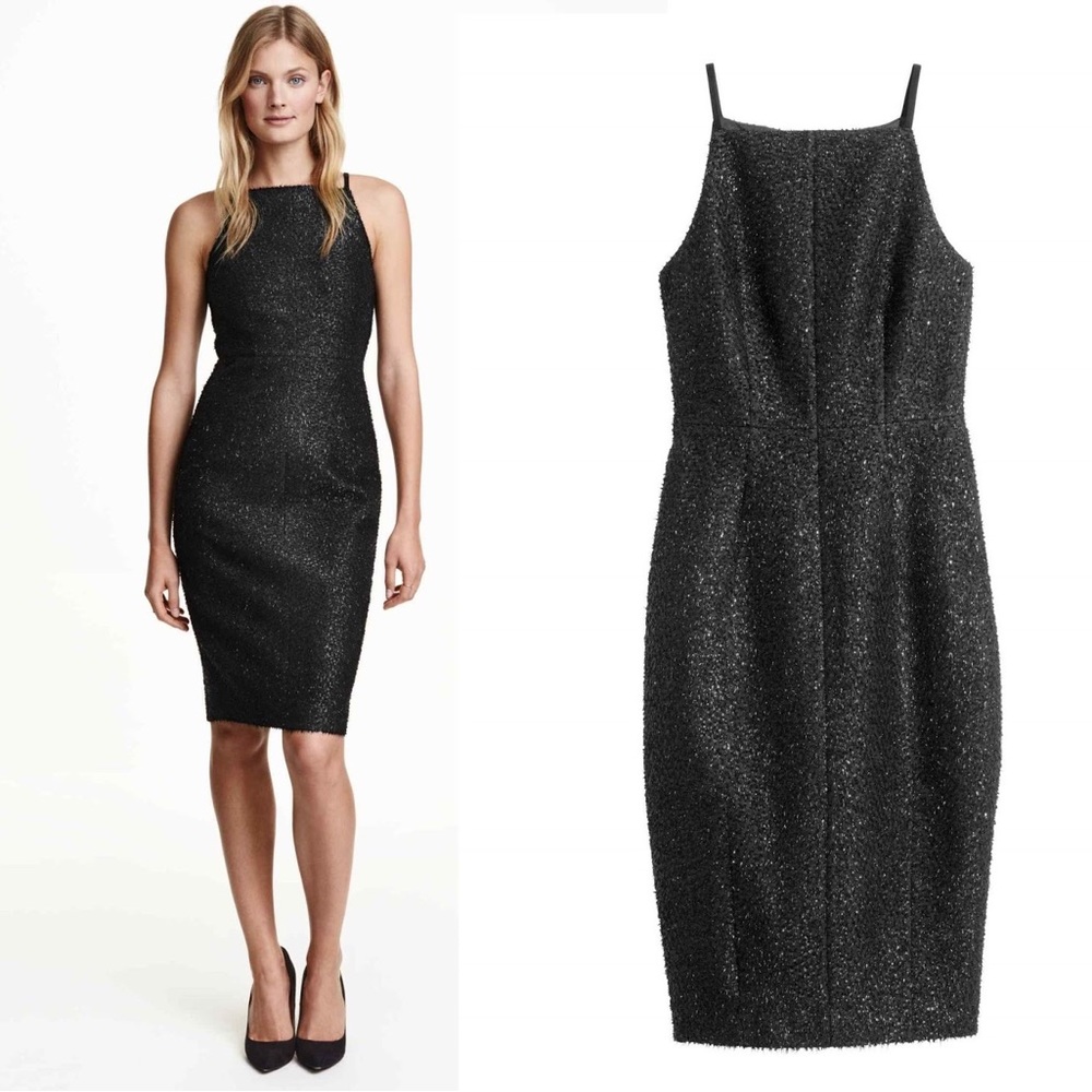 H&M Black Shimmer Tinsel Midi Cocktail Dress Size 8